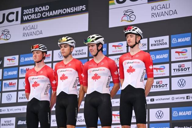 2025 UCI Road World Championships Picture by Chris Auld SWpix.com - 26 09 2025 - Cycling - 2025 UCI Road World Championships - Kigali Convention Centre, Kigali, Rwanda - Men Junior Road Race - Antoine Bergeron (Canada), Hubert Lamothe (Canada), Ben Morin (Canada), Monty Rigby (Canada) Copyright: x xSWpix.comx(t axPhotographyxHubxLtd)xChrisxAuld SWpix.comx SWP-3030-6957