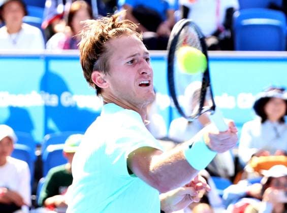 September 25, 2025, Tokyo, Japan - Sebastian Korda of the United States returns the ball against Japan s Sho Shimabukuro during a second round match of the Japan Open Tennis tournament in Tokyo on Friday, September 26, 2025. Korda defeated Shimabukuro 6-1, 6-4. (photo by Yoshio Tsunoda AFLO) Noxthirdxpartyxsales  aflo_304811807