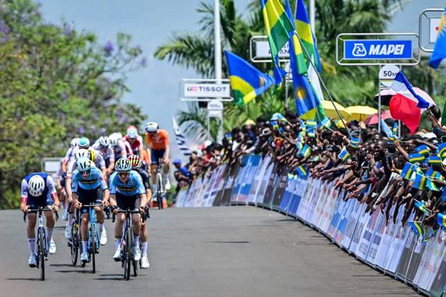 Belgian Seff Van Kerckhove and Belgian Edouard Claisse pictured in action during the junior men road race (119,3 km) at the cycling road World Championships in Kigali, Rwanda, Friday 26 September 2025. The 2025 UCI Road World Championships take place from 21 to 28 September in Kigali, Rwanda. DIRKxWAEM  x135310788x
