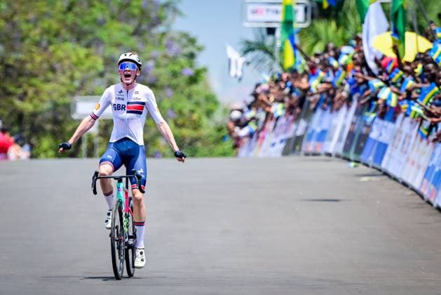 British Harry Hudson celebrates as he crosses the finish line to win the junior men road race (119,3 km) at the cycling road World Championships in Kigali, Rwanda, Friday 26 September 2025. The 2025 UCI Road World Championships take place from 21 to 28 September in Kigali, Rwanda. DIRKxWAEM  x135312465x