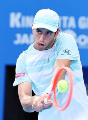 September 25, 2025, Tokyo, Japan - Nuno Borges of Portugal returns the ball against Taylor Fritz of the United States during a second round match of the Japan Open Tennis tournament in Tokyo on Friday, September 26, 2025. Fritz defeated Borges 7-5, 7-6. (photo by Yoshio Tsunoda AFLO) Noxthirdxpartyxsales  aflo_304826840