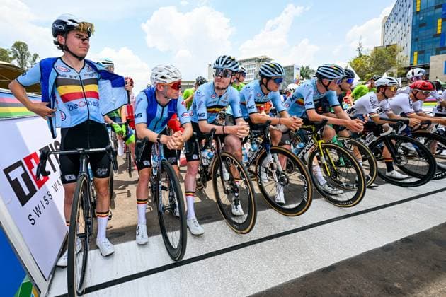 Belgian Jarno Widar, Belgian Aaron Dockx, Belgian Kamiel Eeman, Belgian Jasper Schoofs and Belgian Tim Rex pictured at the start of the u23 men road race (164,6 km) at the cycling road World Championships in Kigali, Rwanda, Friday 26 September 2025. The 2025 UCI Road World Championships take place from 21 to 28 September in Kigali, Rwanda. DIRKxWAEM  x135316528x