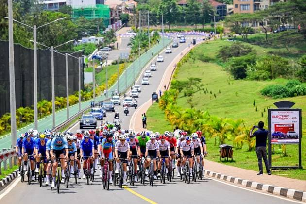 The pack of riders pictured during the u23 men road race (164,6 km) at the cycling road World Championships in Kigali, Rwanda, Friday 26 September 2025. The 2025 UCI Road World Championships take place from 21 to 28 September in Kigali, Rwanda. DIRKxWAEM  x135317127x