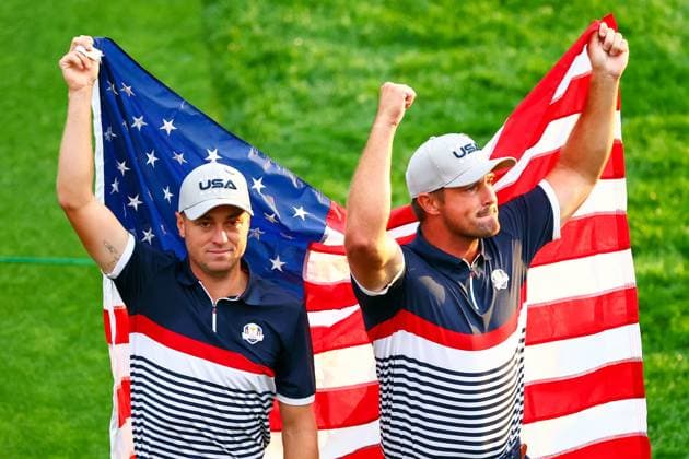 Bryson DeChambeau and Justin Thomas of Team USA on the first tee 2025 Ryder Cup, Day One, Morning Foursomes, Golf, Bethpage Black Golf Course, New York, USA - 26 Sep 2025New York Bethpage Black Golf Course New York (NY) United States of America EDITORIAL USE ONLY No use with unauthorised audio, video, data, fixture lists, club league logos or live services. Online in-match use limited to 120 images, no video emulation. No use in betting, games or single club league player publications. Copyright: xJamesxMarsh Shutterstockx 15500199o