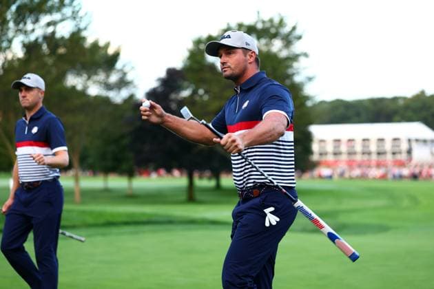 Bryson DeChambeau of Team USA celebrates a birrdie on the first hole 2025 Ryder Cup, Day One, Morning Foursomes, Golf, Bethpage Black Golf Course, New York, USA - 26 Sep 2025New York Bethpage Black Golf Course New York (NY) United States of America EDITORIAL USE ONLY No use with unauthorised audio, video, data, fixture lists, club league logos or live services. Online in-match use limited to 120 images, no video emulation. No use in betting, games or single club league player publications. Copyright: xJamesxMarsh Shutterstockx 15500199w