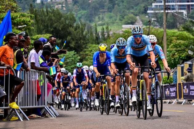 Belgian Jasper Schoofs and Belgian Tim Rex pictured in action during the u23 men road race (164,6 km) at the cycling road World Championships in Kigali, Rwanda, Friday 26 September 2025. The 2025 UCI Road World Championships take place from 21 to 28 September in Kigali, Rwanda. DIRKxWAEM  x135322163x