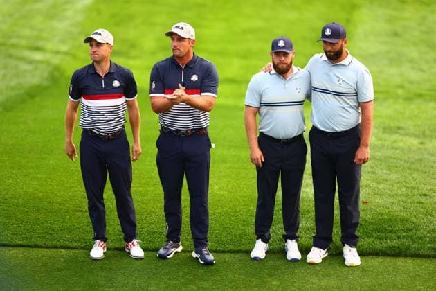 Bryson DeChambeau and Justin Thomas of Team USA with Tyrrell Hatton and Jon Rahm of Team Europe on the first tee 2025 Ryder Cup, Day One, Morning Foursomes, Golf, Bethpage Black Golf Course, New York, USA - 26 Sep 2025New York Bethpage Black Golf Course New York (NY) United States of America EDITORIAL USE ONLY No use with unauthorised audio, video, data, fixture lists, club league logos or live services. Online in-match use limited to 120 images, no video emulation. No use in betting, games or single club league player publications. Copyright: xJamesxMarsh Shutterstockx 15500199aj