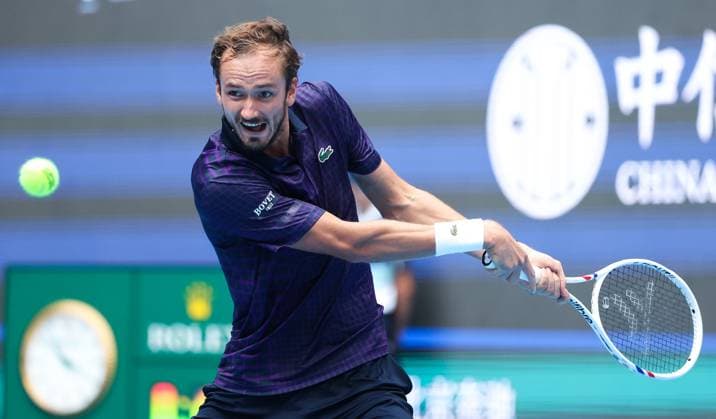 (250926) -- BEIJING, Sept. 26, 2025 -- Daniil Medvedev returns a shot during the men s singles first round match between Daniil Medvedev of Russia and Cameron Norrie of Britain at 2025 China Open tennis tournament in Beijing, China, Sept. 26, 2025. (Photo by Xinhua) (SP)CHINA-BEIJING-TENNIS-CHINA OPEN-MEN S SINGLES-FIRST ROUND (CN) MaxZihan 
