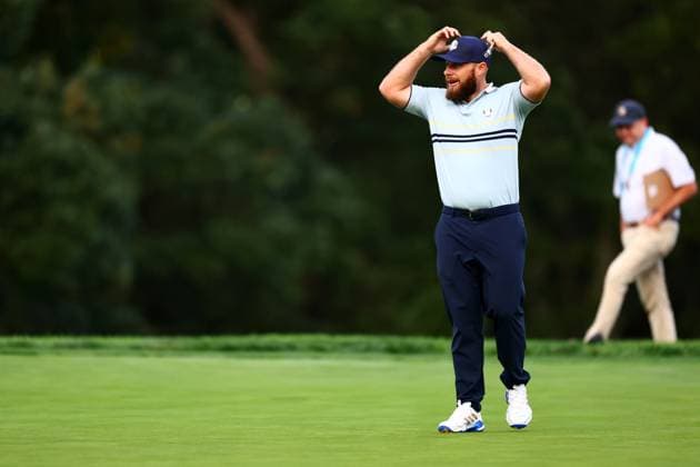 Tyrrell Hatton of Team Europe reacts after a missed putt 2025 Ryder Cup, Day One, Morning Foursomes, Golf, Bethpage Black Golf Course, New York, USA - 26 Sep 2025New York Bethpage Black Golf Course New York (NY) United States of America EDITORIAL USE ONLY No use with unauthorised audio, video, data, fixture lists, club league logos or live services. Online in-match use limited to 120 images, no video emulation. No use in betting, games or single club league player publications. Copyright: xJamesxMarsh Shutterstockx 15500199ap