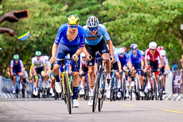 Italian Pietro Mattio and Belgian Jasper Schoofs pictured in action during the u23 men road race (164,6 km) at the cycling road World Championships in Kigali, Rwanda, Friday 26 September 2025. The 2025 UCI Road World Championships take place from 21 to 28 September in Kigali, Rwanda. DIRKxWAEM  x135324064x