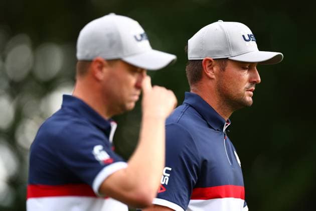 Justin Thomas and Bryson DeChambeau of Team USA 2025 Ryder Cup, Day One, Morning Foursomes, Golf, Bethpage Black Golf Course, New York, USA - 26 Sep 2025New York Bethpage Black Golf Course New York (NY) United States of America EDITORIAL USE ONLY No use with unauthorised audio, video, data, fixture lists, club league logos or live services. Online in-match use limited to 120 images, no video emulation. No use in betting, games or single club league player publications. Copyright: xJamesxMarsh Shutterstockx 15500199bg