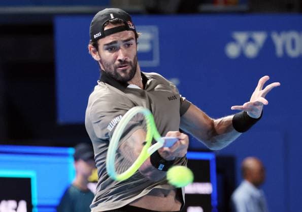 September 25, 2025, Tokyo, Japan - Matteo Berrettini of Italy returns the ball against Casper Ruud of Norway during a second round match of the Japan Open Tennis tournament in Tokyo on Friday, September 26, 2025. Ruud defeated Berrettini 7-6, 6-2. (photo by Yoshio Tsunoda AFLO) Noxthirdxpartyxsales  aflo_304838119