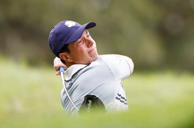 Viktor Hovland of team Europe hits a tee ball on the 4th tee box when he and Robert MacIntyre play a match against Xander Schauffele and Patrick Cantlay of the United States Team at the 45th Ryder Cup at The Black Course at Bethpage State Park in Farmingdale, New York on Friday, September 26, 2025. Europe is the current holder of the Ryder Cup after its win over the United States in 2023 at Marco Simone Golf and Country Club.  RYD202509261001 JOHNxANGELILLO