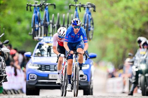 Italian Lorenzo Finn pictured in action during the u23 men road race (164,6 km) at the cycling road World Championships in Kigali, Rwanda, Friday 26 September 2025. The 2025 UCI Road World Championships take place from 21 to 28 September in Kigali, Rwanda. DIRKxWAEM  x135330111x
