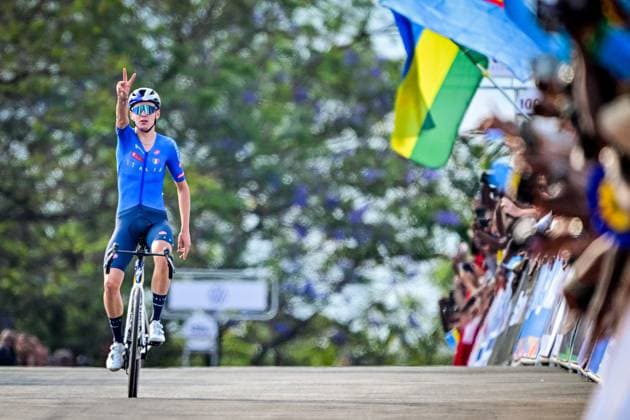 Italian Lorenzo Finn celebrates as he crosses the finish line to win the u23 men road race (164,6 km) at the cycling road World Championships in Kigali, Rwanda, Friday 26 September 2025. The 2025 UCI Road World Championships take place from 21 to 28 September in Kigali, Rwanda. DIRKxWAEM  x135331211x