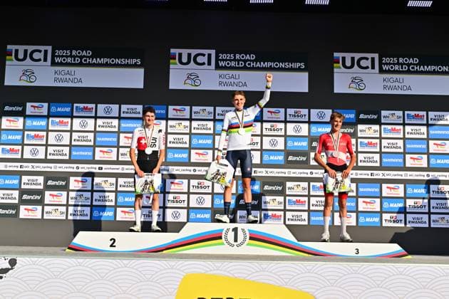 FINN Lorenzo, Italy, HUBER Jan Switzerland, SCHRETTL Marco Austria Road Race Men U23 Road World Championships Rwanda FINN Lorenzo, Italy, HUBER Jan Switzerland, SCHRETTL Marco Austria Road Race Men U23 29th World Championships MU Road Race WC One day race, Kigali, 164 6km UCI Road World Championships 2025 in Kigali Rwanda 2025 UCI Road World Championships Kigali Rwanda 26 09 2025