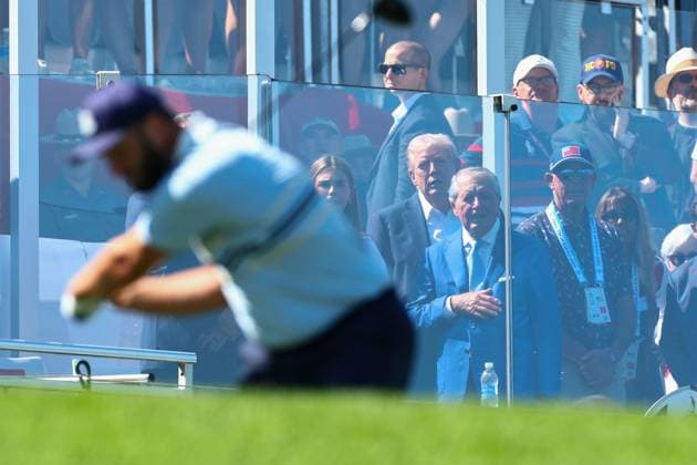 President Donald Trump and Gary Player watch Jon Rahm of Team Europe tee off 2025 Ryder Cup, Day One, Afternoon Four-Balls, Golf, Bethpage Black Golf Course, New York, USA - 26 Sep 2025New York Bethpage Black Golf Course New York (NY) United States of America EDITORIAL USE ONLY No use with unauthorised audio, video, data, fixture lists, club league logos or live services. Online in-match use limited to 120 images, no video emulation. No use in betting, games or single club league player publications. Copyright: xJamesxMarsh Shutterstockx 15500200w