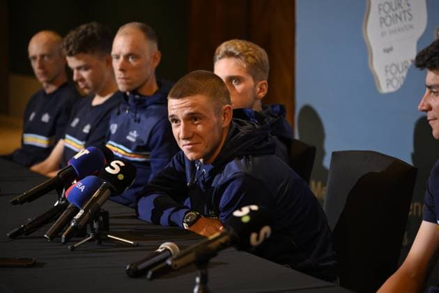 UCI 2025 Road World Championship, WM, Weltmeisterschaft Kigali 26 09 2025 - media activities KIGALI, RWANDA - SEPTEMBER 26 : Evenepoel Remco (BEL) pictured during a press conference, PK, Pressekonferenz prior the Men Elite cycling road race of the UCI Road World Championships 2025 92nd edition an UCI World Championships cycling race of 267.5 km with start in Kigali and finish in Kigali on September 26, 2025 in Kigali, Rwanda, 26 09 2025 Kigali Rwanda  Copyright: xJanxDexMeuleneirx