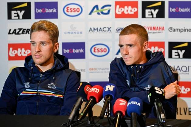 UCI 2025 Road World Championship, WM, Weltmeisterschaft Kigali 26 09 2025 - media activities KIGALI, RWANDA - SEPTEMBER 26 : Van Wilder Ilan (BEL) of Soudal - Quick Step Evenepoel Remco (BEL) pictured during a press conference, PK, Pressekonferenz prior the Men Elite cycling road race of the UCI Road World Championships 2025 92nd edition an UCI World Championships cycling race of 267.5 km with start in Kigali and finish in Kigali on September 26, 2025 in Kigali, Rwanda, 26 09 2025 Kigali Rwanda  Copyright: xJanxDexMeuleneirx