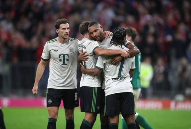 Football, Men, Bundesliga, Season 2025 2026, FC Bayern Munich SV Werder Bremen, Allianz Arena 1 0 by Jonathan Tah FC Bayern Munich with Luis Diaz FC Bayern Munich Goal celebration DFB, DFL regulations prohibit any use of photographs as image sequences and or quasi video