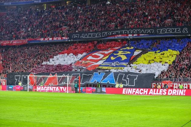 Soccer 1 Bundesliga 5 Matchday FC Bayern Munich SV Werder Bremen on 26 09 2025 at the Allianz Arena in Munich Choreo in the FC Bayern Munich Fanblock DFL regulations prohibit any use of photographs as image sequences and or quasi video xMSx