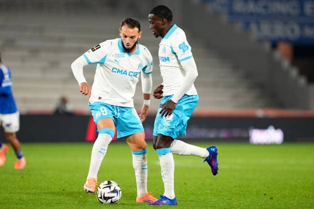 RC Strasbourg Alsace v Olympique de Marseille - Ligue 1 McDonald s 2025 2026 22 Timothy WEAH (om) - 09 Amine GOUIRI (om) during the Ligue 1 McDonald s match between Strasbourg and Marseille at Stade de la Meinau on September 26, 2025 in Strasbourg, France. Strasbourg France  Copyright: xFEPx 776348145