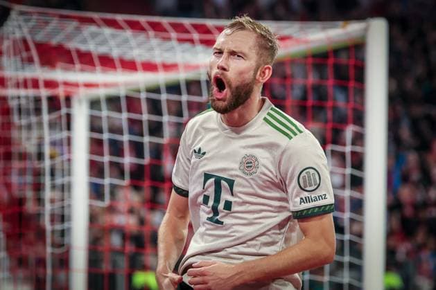 Konrad Laimer 27 FC Bayern Muenchen celebrates after his goal for 4 0, FC Bayern Muenchen vs SV Werder Bremen, DFL, Bundesliga, Saison 2025 2026, Allianz Arena, Hinrunde, 5 Spieltag, 26 09 2025 DFB regulations prohibit any use of photographs as image sequences and or quasi video Muenchen Bayern Germany Copyright: xkolbert-press MartinxAgüerax