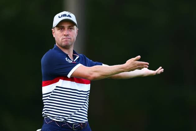 Justin Thomas of Team USA points towards Cameron Young after victory 2025 Ryder Cup, Day One, Afternoon Four-Balls, Golf, Bethpage Black Golf Course, New York, USA - 26 Sep 2025New York Bethpage Black Golf Course New York (NY) United States of America EDITORIAL USE ONLY No use with unauthorised audio, video, data, fixture lists, club league logos or live services. Online in-match use limited to 120 images, no video emulation. No use in betting, games or single club league player publications. Copyright: xJamesxMarsh Shutterstockx 15500200ep