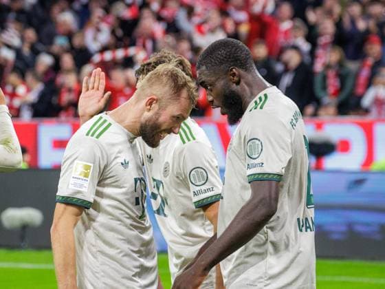 Bayerns goal scorers 27 Konrad LAIMER and 2 Dayot UPAMECANO after scoring 4 0 Soccer Bayern Bremen 4 0 1 Soccer Bundesliga, FC Bayern München SV Werder Bremen, Matchday 5, Season 2025 2026, on 26 09 2025 in Munich, A L L I A N Z A R E N A, Germany Source Copyright Credit Oryk HAIST xFUSSBALL-BAYERN-BREMENx