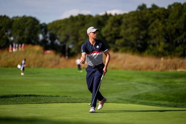 250926 Justin Thomas of Team USA celebrates during a fourball match on day 1 of the Ryder Cup on September 26, 2025 in New York Photo Jesper Zerman BILDBYRAN kod JZ JZ0617 golf ryder cup day 1 bbeng jubel  Copyright: JESPERxZERMAN BB250926JZ158