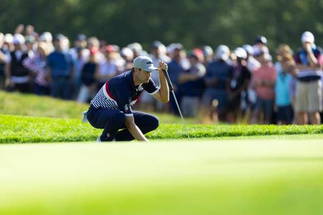 September 26, 2025, Farmingdale, Ny, United States: FARMINGDALE, NY - SEPTEMBER 26: Harris English of Team USA lines up a putt on hole 12 during the Ryder Cup - Morning Foursomes Matches at Bethpage Black Golf Course on September 26, 2025 in Farmingdale, NY. Ryder Cup - Morning Foursomes Matches  - ZUMAt139 20250926_aaa_t139_185 Copyright: xAlxChang IsixPhotosx