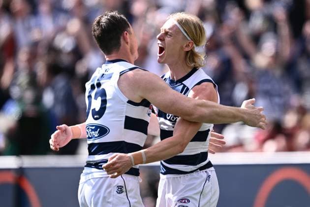 AFL GRAND FINAL, Oliver Dempsey of Geelong celebrates scoring a goal during the AFL Grand Final between the Geelong Cats and the Brisbane Lions at the Melbourne Cricket Ground in Melbourne, Saturday, September 27, 2025. ( NO ARCHIVING, EDITORIAL USE ONLY MELBOURNE VICTORIA AUSTRALIA  Copyright: xJOELxCARRETTx 20250927117444586243