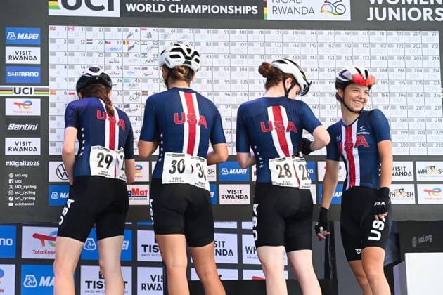 2025 UCI Road World Championships Picture by Simon Wilkinson SWpix.com - 27 09 2025 - Cycling - 2025 UCI Road World Championships - Kigali Convention Centre, Kigali, Rwanda - Women Junior Road Race - Lidia Cusack (USA), Liliana Edwards (USA), Alexis Jaramillo (USA), Alyssa Sarkisov (USA) Copyright: x xSWpix.comx(t axPhotographyxHubxLtd)xSimonxWilkinson SWpix.comx SWP-3030-7609