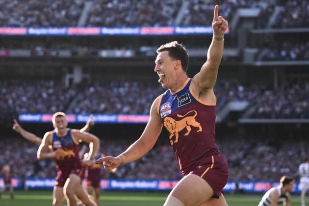 AFL GRAND FINAL, Hugh McCluggage of the Lions celebrates scoring a goal during the AFL Grand Final between the Geelong Cats and the Brisbane Lions at the Melbourne Cricket Ground in Melbourne, Saturday, September 27, 2025. ( NO ARCHIVING, EDITORIAL USE ONLY MELBOURNE VICTORIA AUSTRALIA  Copyright: xJOELxCARRETTx 20250927160443769137