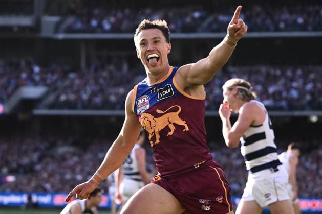 AFL GRAND FINAL, Hugh McCluggage of the Lions celebrates scoring a goal during the AFL Grand Final between the Geelong Cats and the Brisbane Lions at the Melbourne Cricket Ground in Melbourne, Saturday, September 27, 2025. ( NO ARCHIVING, EDITORIAL USE ONLY MELBOURNE VICTORIA AUSTRALIA  Copyright: xJOELxCARRETTx 20250927116575196399