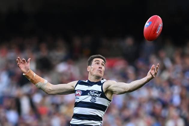 2025 AFL GRAND FINAL, Jeremy Cameron of Geelong marks the footy during the AFL Grand Final between the Geelong Cats and the Brisbane Lions at the Melbourne Cricket Ground in Melbourne, Saturday, September 27, 2025. ( NO ARCHIVING, EDITORIAL USE ONLY MELBOURNE VICTORIA AUSTRALIA  Copyright: xJAMESxROSSx 20250927198485829271