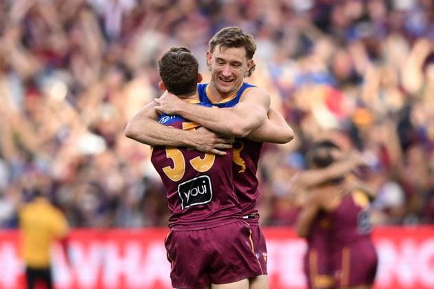 AFL GRAND FINAL, Harris Andrews of the Lions (right) celebrates with Ryan Lester following their win in the AFL Grand Final between the Geelong Cats and the Brisbane Lions at the Melbourne Cricket Ground in Melbourne, Saturday, September 27, 2025. ( NO ARCHIVING, EDITORIAL USE ONLY MELBOURNE VICTORIA AUSTRALIA  Copyright: xJOELxCARRETTx 20250927143403564670