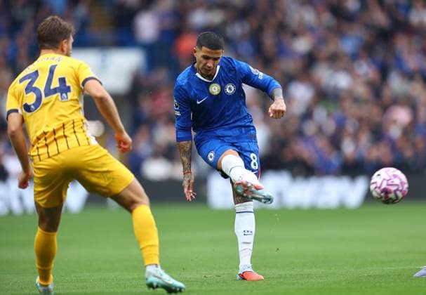 Enzo Fernandez of Chelsea has a shot Chelsea v Brighton and Hove Albion, Premier League, Football, Stamford Bridge, London, UK - 27 Sep 2025London Stamford Bridge United Kingdom EDITORIAL USE ONLY No use with unauthorised audio, video, data, fixture lists, club league logos or live services. Online in-match use limited to 120 images, no video emulation. No use in betting, games or single club league player publications.  Copyright: xMichaelxZemanek Shutterstockx 15503910g