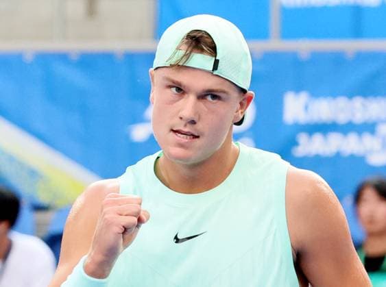 September 27, 2025, Tokyo, Japan - Holger Rune of Denmark clinches his fist as he won a key point against Ethan Quinn of the United States during a second round match of the Japan Open Tennis tournament in Tokyo on Saturday, September 27, 2025. Rune defeated Quinn 6-4, 6-2. (photo by Yoshio Tsunoda AFLO) Noxthirdxpartyxsales  aflo_304943118
