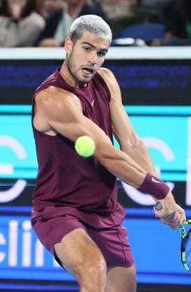 September 27, 2025, Tokyo, Japan - Carlos Alcaraz of Spain returns the ball against Zizou Berga of Belgium during a second round match of the Japan Open Tennis tournament in Tokyo on Saturday, September 27, 2025. Alcaraz defeated Bergs 6-4, 6-3. (photo by Yoshio Tsunoda AFLO) Noxthirdxpartyxsales  aflo_304949821