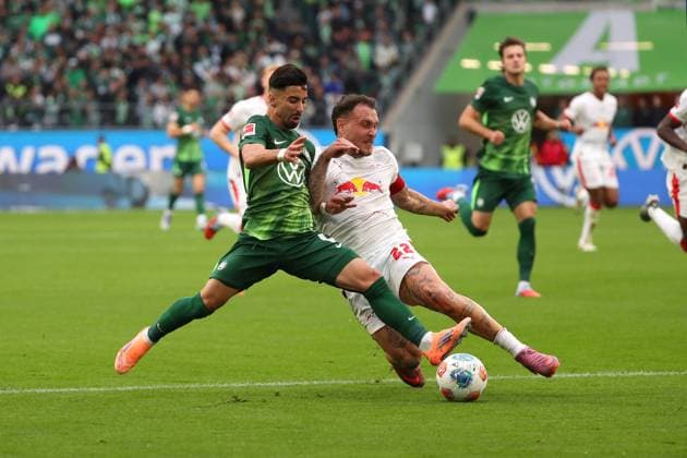 VfL vs Leipzig, 1 BL Wolfsburg, 27 09 2025, FOOTBALL VfL Wolfsburg vs RB Leipzig, 1 BL, Season 2025 26 Mohammed Amoura VfL Wolfsburg , David Raum RB Leipzig Wolfsburg
