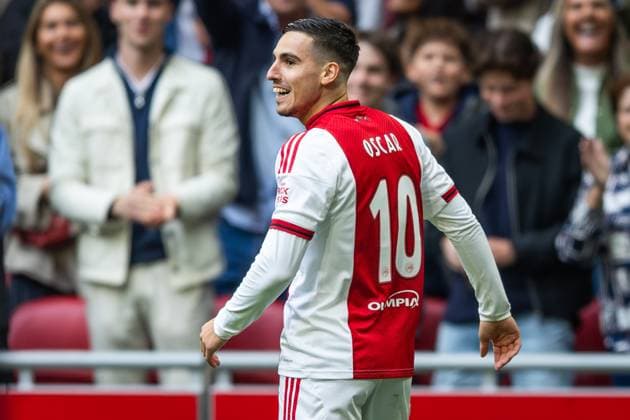 AMSTERDAM , 27-09-2025 , Johan Cruyff ArenA , season 2025 2026 , Dutch Eredivisie football . Match between Ajax and NAC Breda , Picture shows goal celebration of Ajax player Oscar Gloukh (1-0). Ajax - NAC  x31220836x Copyright: