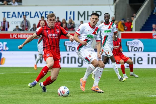 Goal for 1 0 by Mikkel Kaufmann FC Heidenheim, 29 , GER, 1 FC Heidenheim vs FC Augsburg, Football, Bundesliga, Matchday 5, Season 2025 2026, 27 09 2025, DFL DFB REGULATIONS PROHIBIT ANY USE OF PHOTOGRAPHS AS IMAGE SEQUENCES AND OR QUASI VIDEO, GER, 1 FC Heidenheim vs FC Augsburg, Football, Bundesliga, Matchday 5, Season 2025 2026, 27 09 2025 Heidenheim Copyright: xEibner-Pressefotox EP_EER