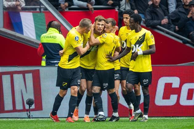 AMSTERDAM , 27-09-2025 , Johan Cruyff ArenA , season 2025 2026 , Dutch Eredivisie football . Match between Ajax and NAC Breda , Picture shows goal celebration NAC Breda player Sydney van Hooijdonk (1-1). Ajax - NAC  x31220948x Copyright:
