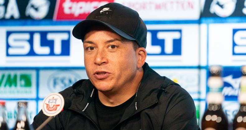 27 9 2025, Soccer, GER, Men, 3 League, DFL, Matchday 8, Season 2025 26, FC Hansa Rostock TSV Havelse 1 1 , Coach Samir Ferchichi TSV Havelse at the press conference after the match Rostock Ostseestadion Mecklenburg-Vorpommern Germany