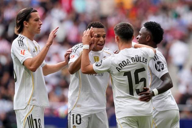 ATLETICO DE MADRID v REAL MADRID. LA LIGA 2025 2026. ROUND 7. Real Madrid s Alvaro Carreras, Kylian Mbappe, Arda Guler and Vinicius Junior celebrate goal during La Liga match. September 27, 2025. (ALTERPHOTOS Acero) MadridSpain  Copyright: xAcerox
