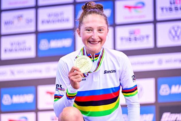Canada Magdeleine Vallieres Mill celebrates on the podium after winning the elite women road race (164,6 km) at the cycling road World Championships in Kigali, Rwanda, Saturday 27 September 2025. The 2025 UCI Road World Championships take place from 21 to 28 September in Kigali, Rwanda. DIRKxWAEM  x135422361x