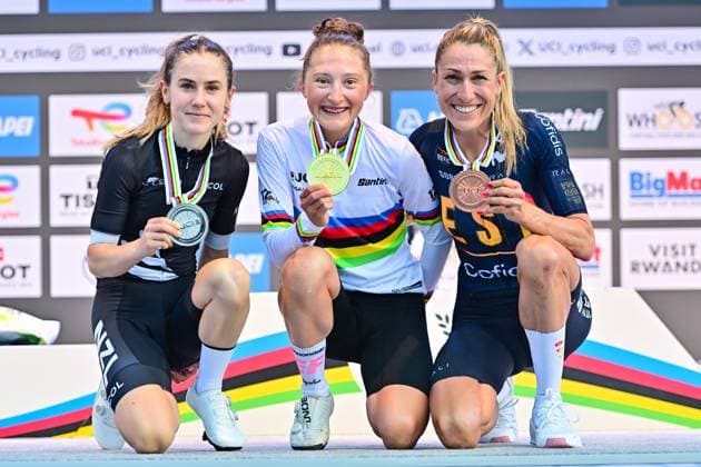 Vallieres Magdeleine, Fisher Black Niamh, Garcia Mavi Women Elite Road Race Rwanda 2025 Vallieres Magdeleine Canada , Fisher Black Niamh New Zealand , Garcia Mavi Spain Road Race Women Women Elite Road Race One day race, Kigali, 164 6km UCI Road World Championships 2025 in Kigali Rwanda 2025 UCI Road World Championships Kigali Rwanda 27 09 2025