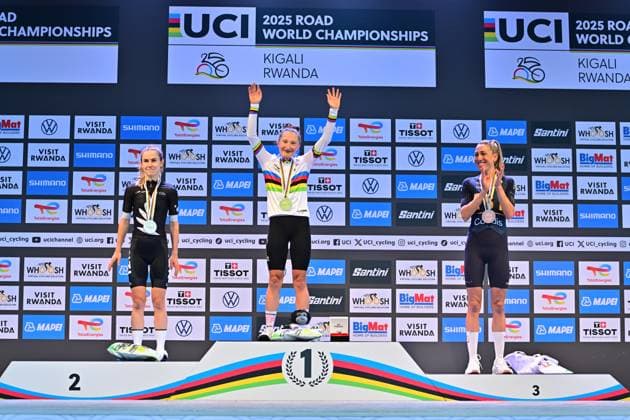 Vallieres Magdeleine, Fisher Black Niamh, Garcia Mavi Women Elite Road Race Rwanda 2025 Vallieres Magdeleine Canada , Fisher Black Niamh New Zealand , Garcia Mavi Spain Road Race Women Women Elite Road Race One day race, Kigali, 164 6km UCI Road World Championships 2025 in Kigali Rwanda 2025 UCI Road World Championships Kigali Rwanda 27 09 2025