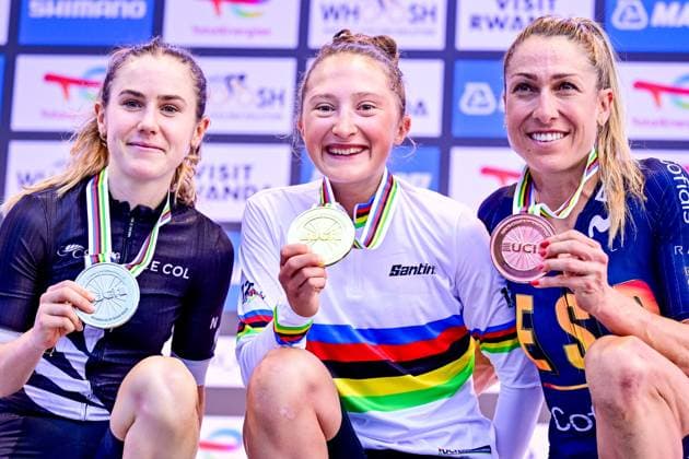 New Zealand Niamh Fisher-Black, Spain Mavi Garcia and Canada Magdeleine Vallieres Mill pictured on the podium after the elite women road race (164,6 km) at the cycling road World Championships in Kigali, Rwanda, Saturday 27 September 2025. The 2025 UCI Road World Championships take place from 21 to 28 September in Kigali, Rwanda. DIRKxWAEM  x135422650x